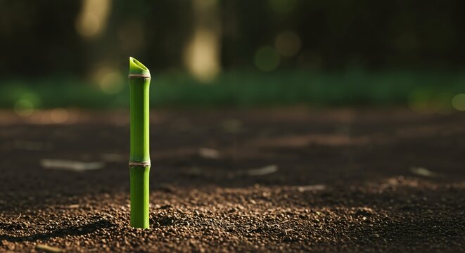 Green Bamboo Shoot Sprouting from Rich Brown Soil. New Growth in Nature, Symbolizing Fresh Beginnings and Resilience. Close-up with Soft Bokeh Background.