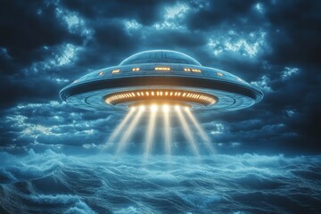 Obraz premium Mysterious Unidentified Flying Object Illuminating the Dark Ocean Horizon at Night with Glow