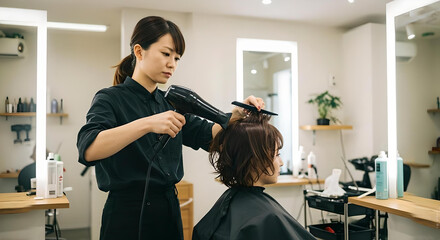 女性美容師がドライヤーとコームで丁寧にスタイリングする施術シーン、清潔感のある美容室内で落ち着いた雰囲気のプロフェッショナルサービス -生成AI