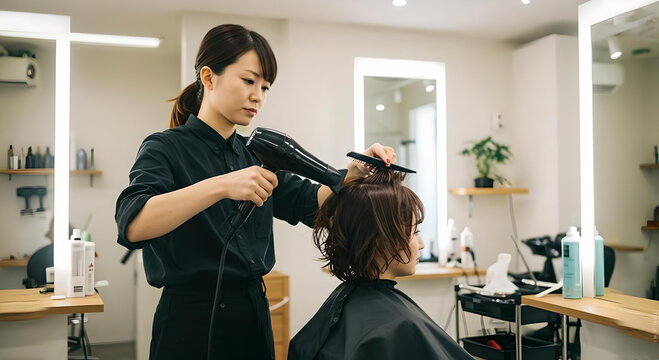 女性美容師がドライヤーとコームで丁寧にスタイリングする施術シーン、清潔感のある美容室内で落ち着いた雰囲気のプロフェッショナルサービス -生成AI