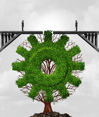 Business Meeting Concept as two business people divided on a broken bridge united by industry as a tree symbol with a gear or cog symbol representing growing partnership success.