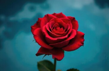 Red rose on blue water 