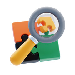 Problem Identification 3D Icon. Puzzle search magnifying glass 3d icon