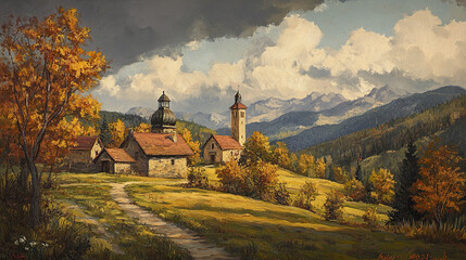 Fototapeta premium picturesque landscape featuring serene village surrounded by mountains, with autumn foliage