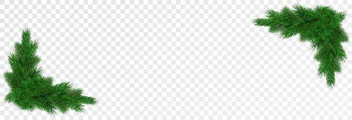 Garland of spruce branches. Christmas holiday decorations, realistic live fir tree effect with decorations for poster banners, png vector.