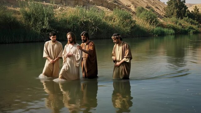 Man baptizing other men in the Jordan River. Religious Christian sacrament. Biblical scene