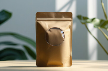 A golden, matte packaging pouch is centrally positioned against a softly blurred background that features lush green foliage.