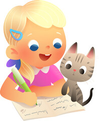 Little girl doing homework with her cat, writing in notebook. Kid drawing and writing with kitten. Elementary schoolgirl character writing in notebook studying. Vector children education illustration