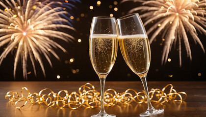 A festive scene capturing two elegantly raised champagne flutes filled with sparkling champagne, positioned on a polished wooden surface.