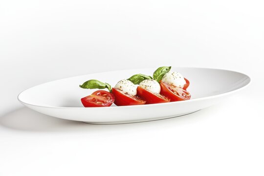 Elegant caprese salad with fresh mozzarella, cherry tomatoes, and basil on white plate