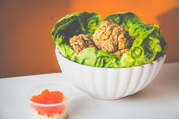 Chicken Karaage made with Japanese soy marinated chicken thigh, tobiko mayo