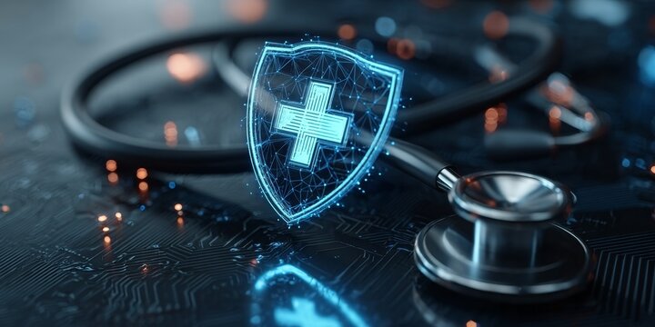 Futuristic Healthcare Network Shield Featuring Innovative Telehealth and Secure Patient Data Access