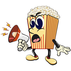 cartoon popcorn box mascot out loud with loudspeaker, funny snack character vector illustration isolated on transparent background, work of hand drawn