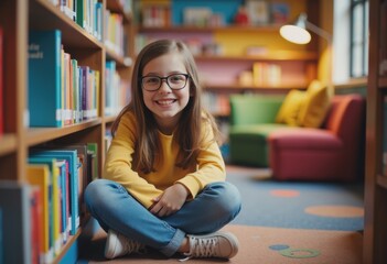 Girl smiling in a library reading corner, surrounded by colorful books