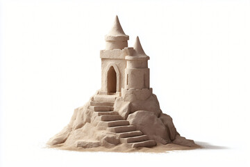 An imposing sandcastle with high walls, conical turrets, and a steep staircase leading to an arched entrance, isolated on a transparent background