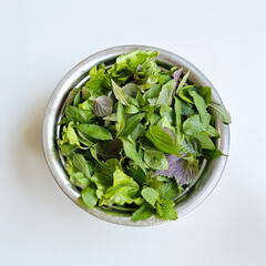 Aromatic various green fresh picked natural herbal in bowl— organic red perilla, Thai basil, fish mint, green mint leaves, sweet basil, lettuce, healthy lifestyle wellness. vibrant colors textures

