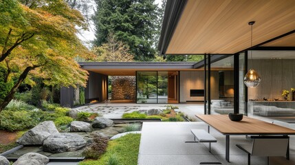 Large glass panels opened onto cozy backyard with stone and green layout
