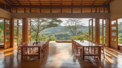 Light-filled dining area with folding glass doors open to nature scene