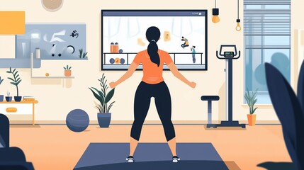 Fototapeta premium Woman exercising at home with online fitness class displayed on screen