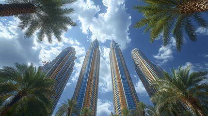 Fototapeta premium Low angle view of skyscrapers surrounded by palm trees under bright sky