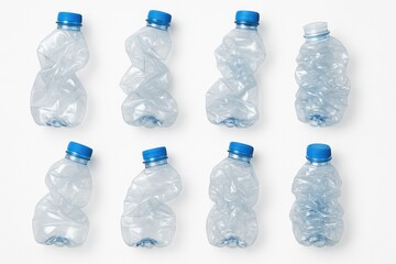 Crumpled Plastic Bottles with Blue Caps on White Background