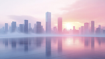 Obraz premium serene cityscape at dawn with skyscrapers reflecting in water, creating tranquil atmosphere
