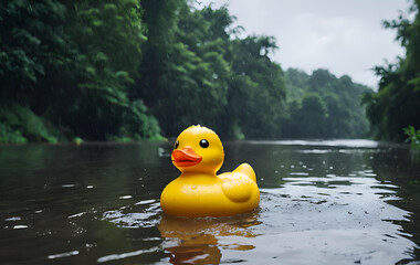 rubber duck floats on the river in the rain