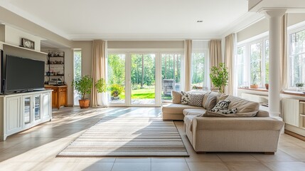 Fototapeta premium Organized living room with large floor tiles and no clutter for tripping prevention