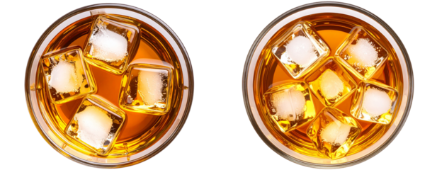 Top View of Whiskey Glass with Ice Cubes Isolated on Transparent Background PNG