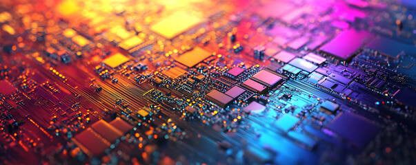 Rainbow reflection of a Semiconductor or electronics processor wafer circuit pattern surface background. Abstract microprocessor. hi-tech processing industry concept background. Generative AI.