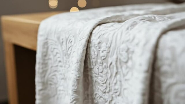 Close up of a decorative table runner with floral pattern draped over the edge of a wooden table