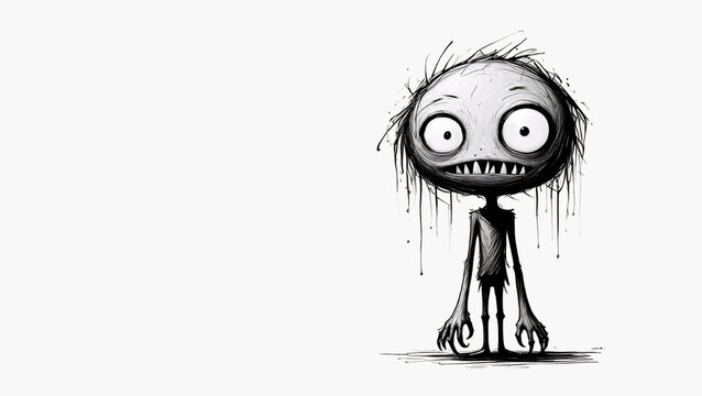 An illustration of a gloomy character with elongated limbs and an unusual appearance, resembling a ghostly being