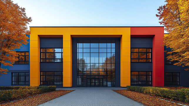 Modern school building with colorful facade and autumn foliage