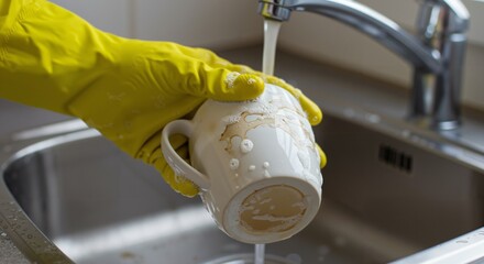 Close-up of a hand in a yellow rubber glove washing a dirty white coffee mug. Cleaning dishes in a stainless steel kitchen sink under running tap water.