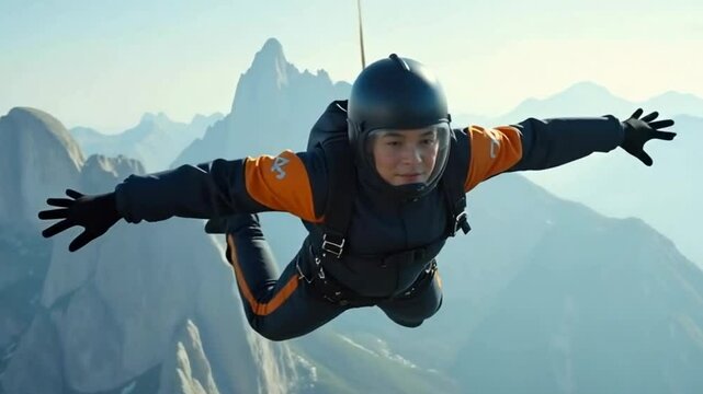 A skydiver in a black and orange jumpsuit glides through the air against a backdrop of mountains.