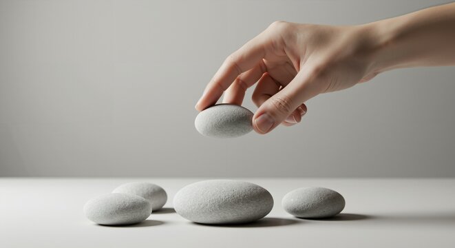 Human hand delicately placing a smooth grey stone. Creating a balanced composition with natural pebbles on a light surface. Zen and mindfulness concept.