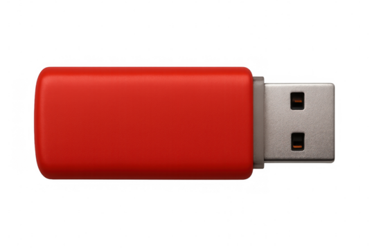 Red usb flash drive displaying sleek design, storing digital data, positioned against clear transparent backdrop