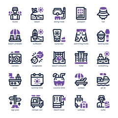 Beach Vacation Icon pack for your website, mobile, presentation, and logo design. Beach Vacation Icon dual tone design. Vector graphics illustration and editable stroke.