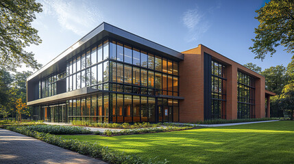 Modern school building with large windows and green landscape, showcasing contemporary