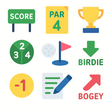 Golf game elements vector illustration featuring score, par, trophy, birdie, and bogey