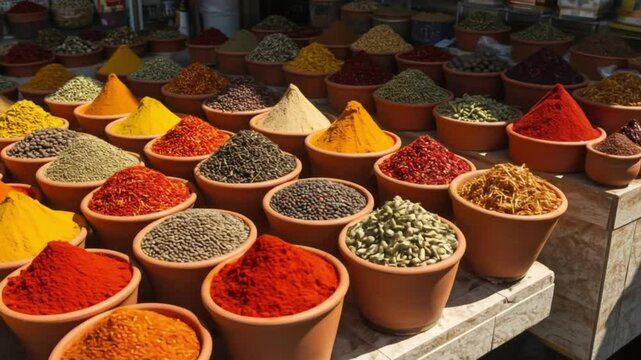 Various spices and herbs displayed in terracotta pots at an outdoor market stall arrangement scene