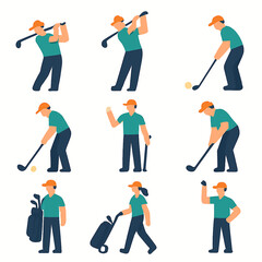 Fototapeta premium Golfers in various poses and actions on the course vector illustration set