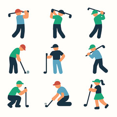 Fototapeta premium Golfers in Various Poses Swinging Clubs on White Background Vector Illustration