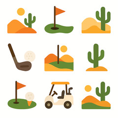 Golfing elements and desert landscape in a playful vector illustration set