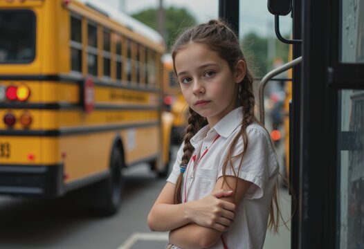 Girl waiting at the school bus door, looking thoughtful and calm