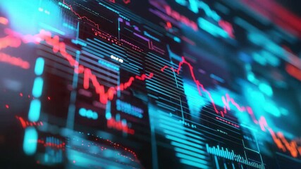 A vibrant digital display shows fluctuating stock market charts and financial data in neon colors. - Powered by Adobe