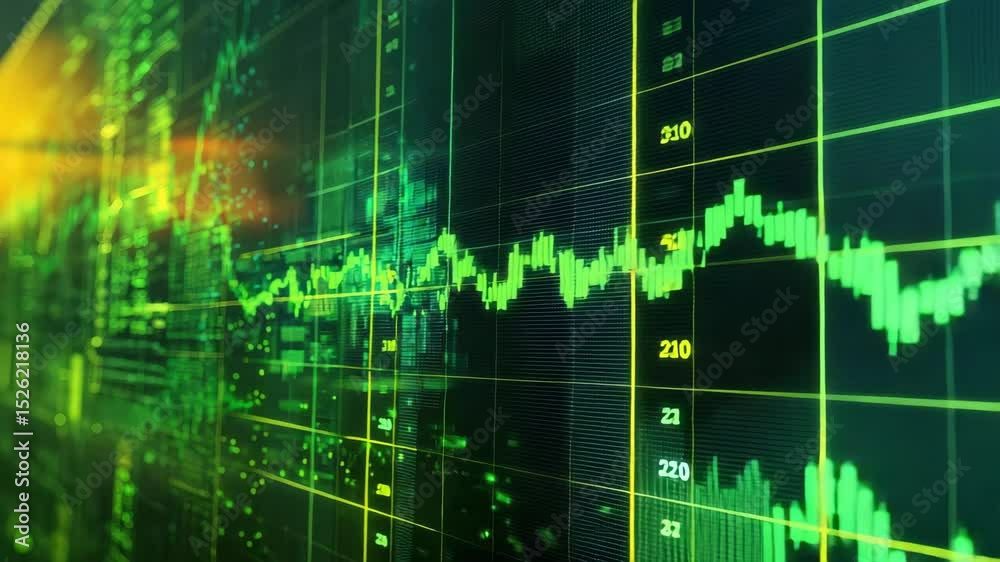 Poster digital stock market chart with glowing green data lines and grids, representing financial analytics