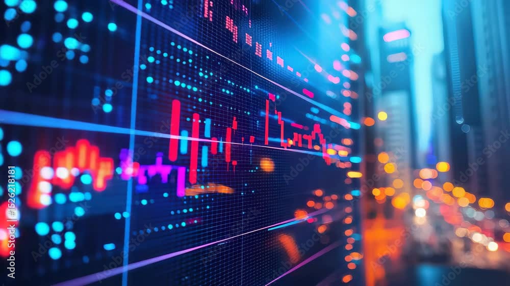 Poster A digital stock market chart with colorful graphs is displayed against a cityscape background with bright lights.