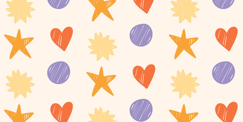 Seamless Pattern of Hand Drawn Doodle Shapes. Hearts, Stars, Circles, Spiky Abstract Forms in Crayon Style. Pastel Background. Vector Illustration for Print and Design