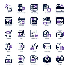 Travel Essential Icon pack for your website, mobile, presentation, and logo design. Travel Essential Icon dual tone design. Vector graphics illustration and editable stroke.